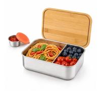 CECOMBINE Stainless Steel Lunch Box 1400ml, Metal Bento Lunch Box with Sauce Pot, Removable Divider, Snack Container with Bamboo Lids, Straps Leakproof Lunch Box for Adults Kids, Work, School