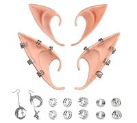 CEDAR BRIGHT Elf Ears Piercings Earring Cuffs - Halloween Fairy Pixie Soft Pointed Ear with Non-Piercing Silver Moon Cuff Earrings Cartilage Ear Clip Set,Christmas Vampire Tips Anime Accessories