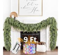 Cedar Christmas Garland with Lights for Mantle - 9ft Realistic Lighted Faux Pine Garland for Xmas Home Decoration Indoor Stairs Railing Fireplace Outdoor