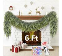 Cedar Christmas Garland with Lights for Mantle - Decorations 6 ft Realistic Lighted Faux Pine Garlands for Xmas Home Decoration Indoor Stairs Railing Fireplace Outdoor 6ft Prelit Garland Door Decor