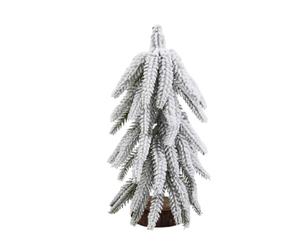Cedar Christmas Tree Decoration with Snow-Dusted Branches and Wood-Look Base for Tabletop and Mantel Holiday Display Tabletop Christmas Tree Decor Cedar Snow Dusted Holiday Decor Artificial Wood Base