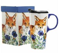 CEDAR HOME Travel Coffee Ceramic Mug Porcelain Latte Tea Cup With Lid in Gift Box 17oz. Cute Fox