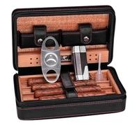 Cedar Wood Cigar Humidor Box - 4 Piece Smoking Set with Travel Leather Case and Humidifier(Black)