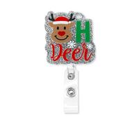 CEDIDJAC Christmas Cute Elk Badge Reel Retractable Xmas Glitter Acrylic Alligator Clip Christmas ID Card Badge Holder for Nurse Work Teacher RN Office Staff Student