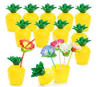Cedilis 12 Pack 10oz/300ml Plastic Resuable Pineapple Cups with Lids and Straws, Hawaiian Luau Party Cups, Resuable Tiki Cups for Hawaiian Party Favor Decorations