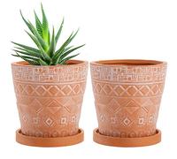 Cedilis 2 Pack Terracotta Pots, 5 Inch/12.7 cm Red Clay Planter Pots with Drainage and Saucers, Ceramic Pottery Succulent Planter, Garden Cactus Flower Planters with White Geometric Designs