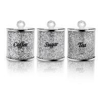Cedilis 3 Pack Decorative Coffee Tea Sugar Canisters With Crushed Crystal Diamonds, Glass Food Storage Containers, Bling Kitchen Jar for Countertop Decor, Silver