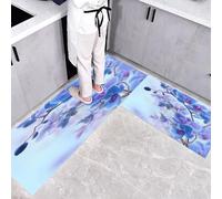 CEDNXOER 2-Piece Rug Set Non-Slip Kitchen Mat Rug Set, Flowers Plants Washable Floor Kitchen Runner Mats and Rugs, Elegant Orchid Hallway Carpet for Dining Room Entryway 40×60cm+40×120cm Blue