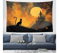 CEDNXOER Black Cat Haunted House Tapestry Wall Hanging 150×200cm Full Moon Oil Painting Home Decor Wall Hanging Art,Hippie Halloween Terror Aesthetic Decor Bedroom Living Room Dorm, Yellow