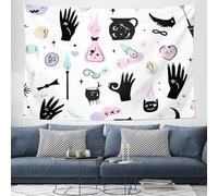 CEDNXOER Cartoon Magic Wand Cat Tapestry Aesthetic Halloween Wall Hanging, White Horror Theme Tapestries, Gothic Crystal Moon Tapestry Wall Art Cloth Decor For Bedroom Living Room 150×200cm