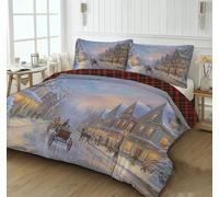 CEDNXOER Christmas Duvet Cover Set White Classical Town Duvet Cover Single, Soft Microfiber Abstract Countryside Street Merry Xmas Bedding Set, 1 Pillowcases and Zipper Closure,Soft Easy Care