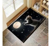 CEDNXOER Cute Animals Indoor Washable Dirt Trapper Non Slip Entrance Rug, 60x90 cm Absorbent Thin Low Profile Doormat, Black Inside Floor Mat, Cat Scratching The Moon Carpet for Front Back Door