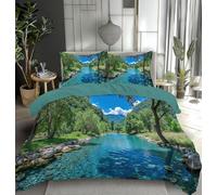 CEDNXOER Double Duvet Cover Sets, Soft Naturally The Lake Water Printed Bedding Set, 200x200cm Microfiber Duvet Covers with 2 Pillowcases, Countryside Forest Green Quilt Cover With Zipper Closure