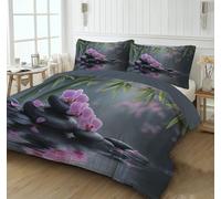 CEDNXOER Double Duvet Set, Reversible 200x200cm Orchids Bamboo Zen Cobblestones Duvet Cover, 3 PCs Ultrasoft Black Quilt Cover Bedding Set With Zipper Closure + 2 Pillowcases