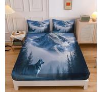CEDNXOER Double Fitted Sheets with 2 Pillowcase, Blue Brushed Microfiber All-Around 30cm Deep Pocket, Wolves Animals Snow-Capped Mountains Forests Print Fitted Sheet for Double Size Bed, Easy Care