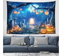 CEDNXOER Enchanted Forest Tombstones Tapestry Aesthetic Halloween Wall Hanging, Blue Horror Theme Tapestries, Pumpkins Ghosts Tapestry Wall Art Cloth Decor For Bedroom Living Room 180×230cm