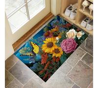 CEDNXOER Green Door Mats Indoor Washable, 60x90 cm Doormats,Soft Low Pile Front Door Mat,Non-slip Elegant Floral Absorbent Doormat, Sunflowers And Butterflies Print Floor Carpet, Inside Entrance Rug