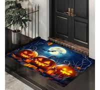 CEDNXOER Halloween Door Mat Pumpkins And Lanterns Indoor Outdoor Doormat, Full Moon Bats Plants Front Mats Rugs, Non - Slip Blue Welcome Door Mats for Entrance Halloween Decorations 60x90 cm