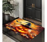CEDNXOER Halloween Door Mat Scary Pumpkin Indoor Outdoor Doormat, Fog Bats Front Mats Rugs, Non - Slip Yellow Welcome Door Mats for Entrance Halloween Decorations 90x150 cm