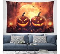 CEDNXOER Halloween Tapestry Wall Hanging Pumpkins And Lanterns Wall Art, Full Moon Flying Bats Tapestry for Bedroom Aesthetic Orange Tapestries, Living Room Dorm Decor, 150×200cm
