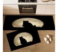 CEDNXOER Kitchen Rug Set of 2, 45×75cm+45×150cm Washable Kitchen Floor Mats, Non-slip Runner, Cartoon Animals Moon Cat Shadow Absorbent Floor Mat, Black Carpets for Home Decoration