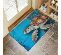 CEDNXOER Nautical Theme Doormat Decorative Door Mats Indoor 45x75 cm, Turquoise Doormat Washable Heavy Duty Floor Mat, Turtle Fishing Net Non Slip Low Profile Welcome Entrance Doormats