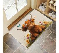 CEDNXOER Non Slip Door Mat Indoor 40x60 cm, Cute Highland Cattle Entrance Floor Mats, Butterfly Flower Washable Absorbent Dirt Trapper, Low Profile Doormats for Front Door Kitchen Bedroom Beige