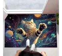CEDNXOER Non-Slip Door Mat Indoor, Cat Floating Space Machine Washable Entrance Rug, Starry Sky Animals Soft Inside Floor Mat for Entryway, 90x150 cm Front Back Door Mat for Kitchen Bedroom Blue
