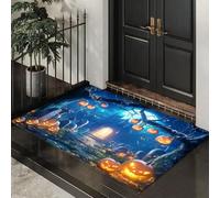 CEDNXOER Non-Slip Door Mat Indoor, Enchanted Forest Tombstones Machine Washable Entrance Rug, Pumpkins Ghosts Soft Inside Floor Mat for Entryway, 40x60 cm Front Back Door Mat for Kitchen Bedroom Blue