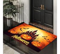 CEDNXOER Non-Slip Door Mat Indoor, Pumpkin Castle Machine Washable Entrance Rug, Cartoon Bat Soft Inside Floor Mat for Entryway, 50x70 cm Front Back Door Mat for Kitchen Bedroom Orange