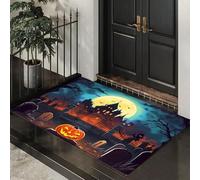 CEDNXOER Non Slip Door Mat Indoor60x90 cm,Haunted House Pumpkins Ghosts Entrance Floor Mats,Ancient TombstoneWashable Absorbent Dirt Trapper, Low Profile Doormats for Front Door Kitchen BedroomBlue