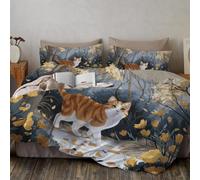 CEDNXOER Orange Cat In The Forest Printed Double Duvet Cover 200x200cm, Reversible Cartoons Animals Bedding Set 3 Piece Microfiber Bedding with 2 Pillowcases 50x75 cm, Zipper and Corner Ties