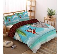 CEDNXOER Palm Trees Santa Claus Soft Christmas Bedding Duvet Cover Set, Tropical Islands Pattern Xmas Duvet Bedding Sets Super King, Blue Brushed Microfiber Quilt Cover with 2 Pillowcases