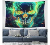 CEDNXOER Scary Skull Tapestry Aesthetic Halloween Wall Hanging, Green Horror Theme Tapestries, Abstract Flame Skull Tapestry Wall Art Cloth Decor For Bedroom Living Room 130×150cm