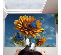 CEDNXOER Sky Flowers Indoor Washable Dirt Trapper Non Slip Entrance Rug, 90x150 cm Absorbent Thin Low Profile Doormat, Blue Inside Floor Mat, Sunflowers And Butterflies Carpet for Front Back Door