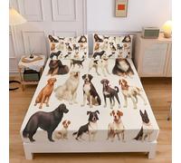 CEDNXOER Super King Fitted Sheets with 2 Pillowcase, Beige Brushed Microfiber All-Around 30cm Deep Pocket, Cute Dog Playing Animals Print Fitted Sheet for Super King Size Bed, Easy Care