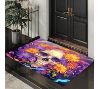 CEDNXOER Washable Door Mats Indoor, Non-Slippery Front Door Mat Skull Flowers, Super Soft Non Slip Doormat Artistic Skull Flowers, Water Absorbent Floor Purple Mats Entrance Rug 80x120 cm