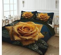 CEDNXOER Yellow Bedding Set Rose In The Rain Printed Single Duvet Cover Modern Elegant Floral Brushed Microfiber 135x200cm Quilt Cover with Zipper Closure + 1 Pillowcase for Teens Adults