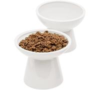 CEEFU 2 Elevated Ceramic Cat Bowls Extra Wide for Food & Water - Whisker Fatigue Shallow Food Dish, Lead & Cadmium-Free, Raised Height for Cats and Dogs, Two Different Depth Bowls, White
