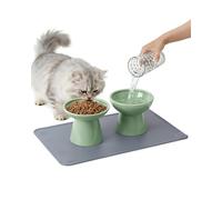 CEEFU 2 Elevated Ceramic Cat Bowls Upgraded with Food Mat, Extra Wide for Food & Water - Whisker Fatigue Shallow Food Dish, Lead & Cadmium-Free, Raised Height for Cats, Sage Green