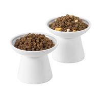 CEEFU Extra Wide Elevated Ceramic Cat Bowl, 6.2" Shallow Dish for Whisker Fatigue Relief, 5" Height for Easy Feeding, Durable Raised Cat Food Bowls, Pack of 2, White