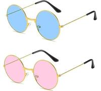 CEEGEWW 2 Pcs Hippie Round Sunglasses,60's Style Round Coloured Lens Glasses,Metal Retro Hippie Style Frame Glasses,for Fancy Dress Costume Accessories(Pink Blue)