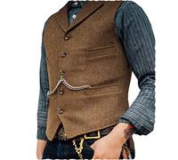 Ceehuteey Men's Suit Vest, Tweed, Retro, V-Neck, Wool, Herringbone Pattern, for Prom, brown, S