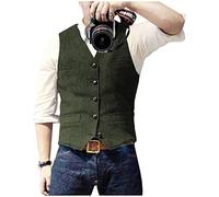 Ceehuteey Mens Suit Vest Waistcoat Tweed Retro V Neck Wool Herringbone for Prom, Army Green, Medium
