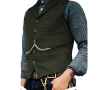 Ceehuteey Mens Suit Vest Waistcoat Tweed Retro V Neck Wool Herringbone for Prom, Army Green, Small
