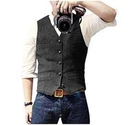 Ceehuteey Mens Suit Vest Waistcoat Tweed Retro V Neck Wool Herringbone for Prom, Black, Medium