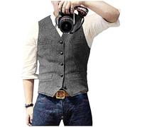 Ceehuteey Mens Suit Vest Waistcoat Tweed Retro V Neck Wool Herringbone for Prom - grey - Medium