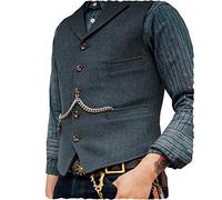 Ceehuteey Mens Suit Vest Waistcoat Tweed Retro V Neck Wool Herringbone for Prom, Light Navy, Large