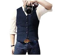 Ceehuteey Mens Suit Vest Waistcoat Tweed Retro V Neck Wool Herringbone for Prom, Navy, XL