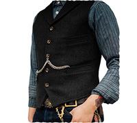 Ceehuteey Men's Suit Waistcoat, Tweed, Retro, V-Neck, Wool, Herringbone Pattern, for Prom, black, L